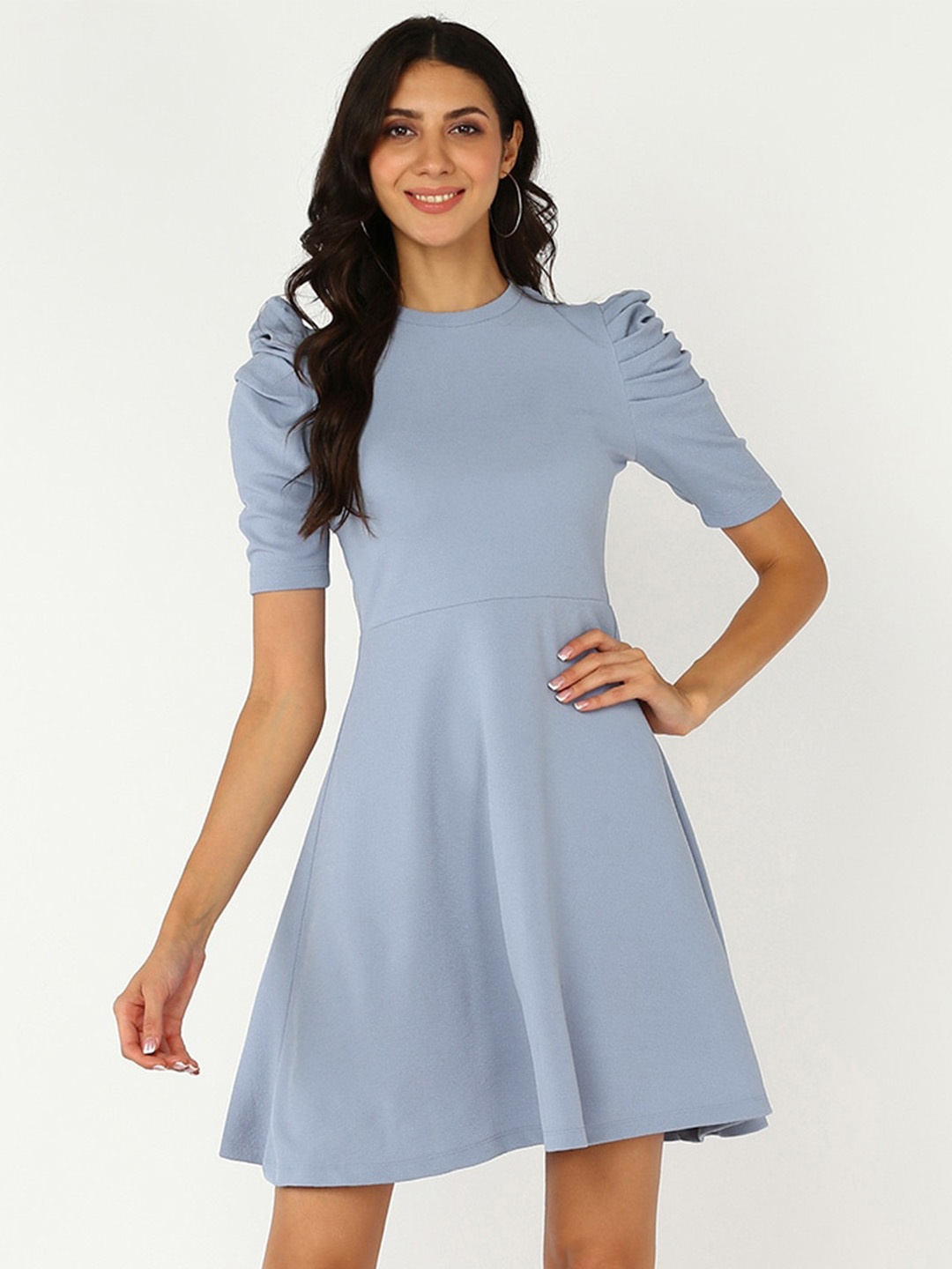 

Mast & Harbour Puff Sleeves Knitted Fit & Flare Dress, Blue