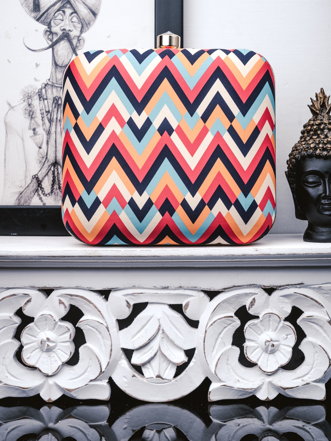 

Sangria White And Yellow Printed Box Clutch