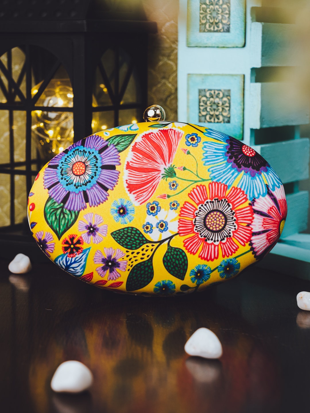

Sangria Peach And Purple Floral Printed Box Clutch, Yellow