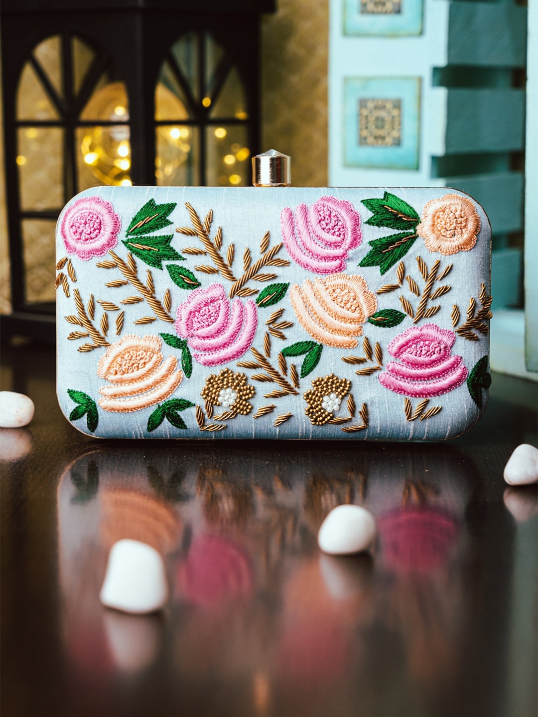 

Anouk Blue & Pink Printed Box Clutch