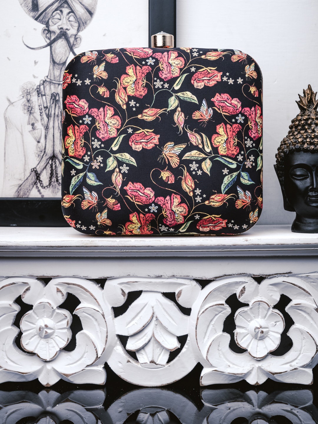 

Anouk Floral Printed Box Clutch, Black