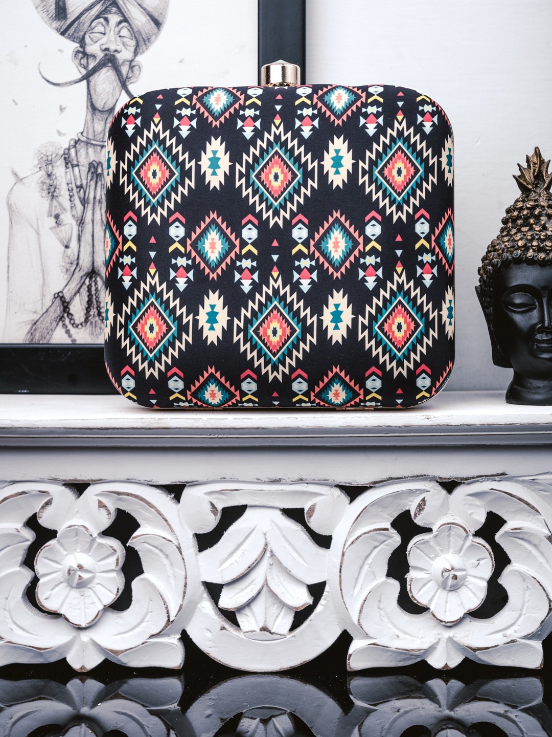 

Anouk Ikat Printed Box Clutch, Black