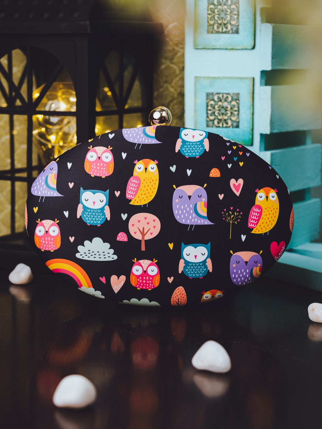 

Anouk Owl Printed Box Clutch, Navy blue