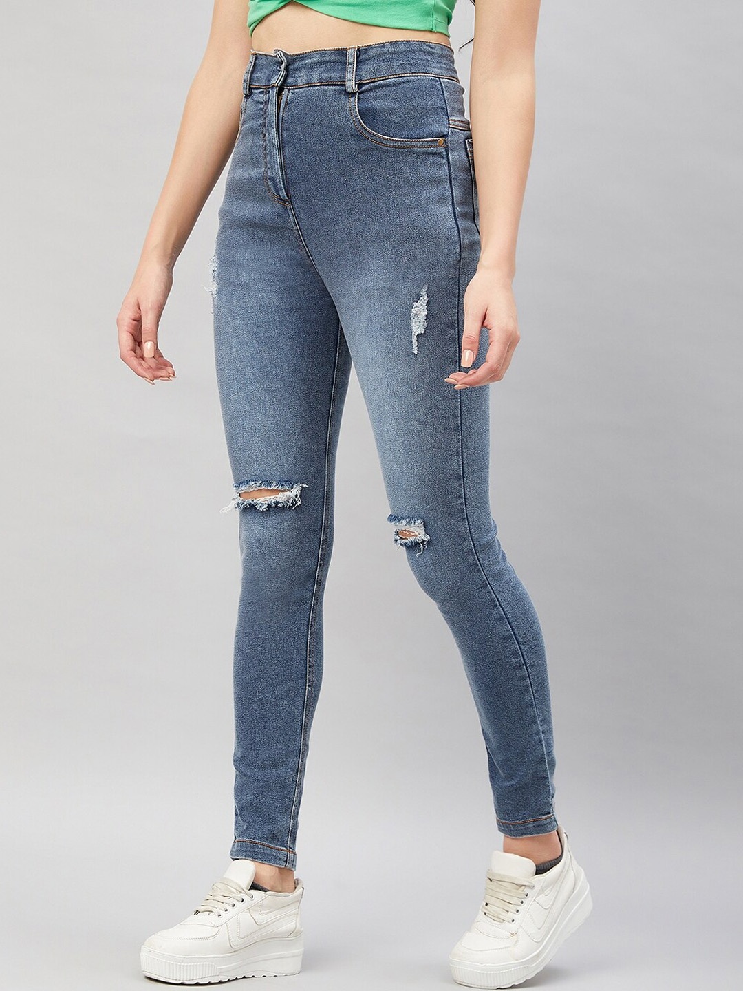 

Chemistry Women Skinny Fit High-Rise Mildly Distressed Light Fade Cotton Jeans, Blue