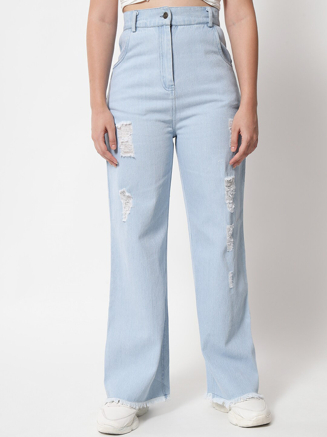 

Chemistry Women Flared High-Rise Mildly Distressed Heavy Fade Cotton Jeans, Blue
