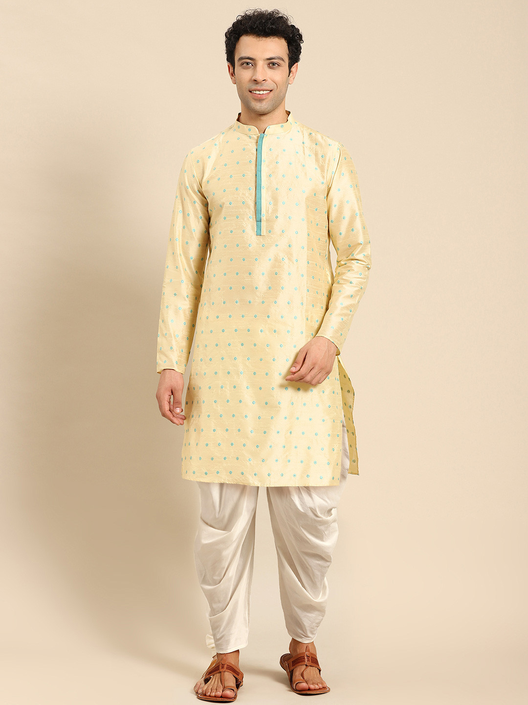 

Anouk Floral Woven Design Mandarin Collar Long Sleeves Jacquard Kurta, Beige
