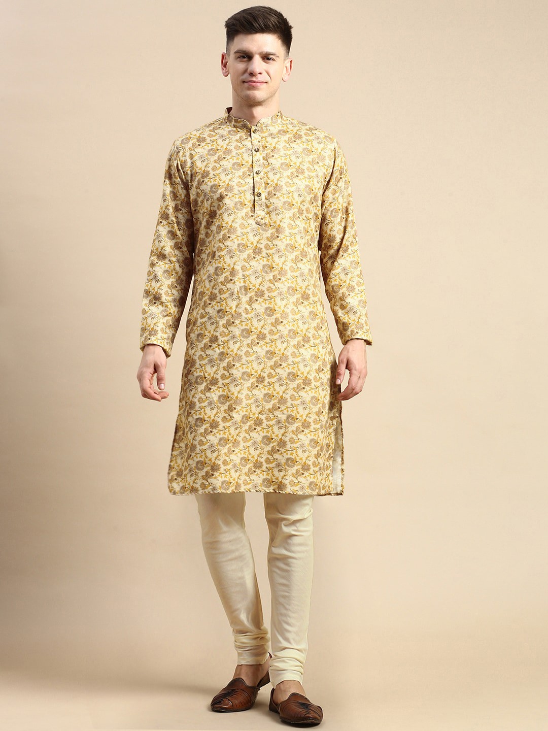 

Anouk Floral Printed Mandarin Collar Straight Kurta, Beige