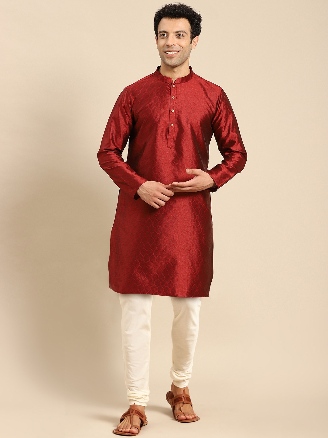 Anouk Ethnic Woven Design Mandarin Collar Jacquard Straight Kurta, Maroon