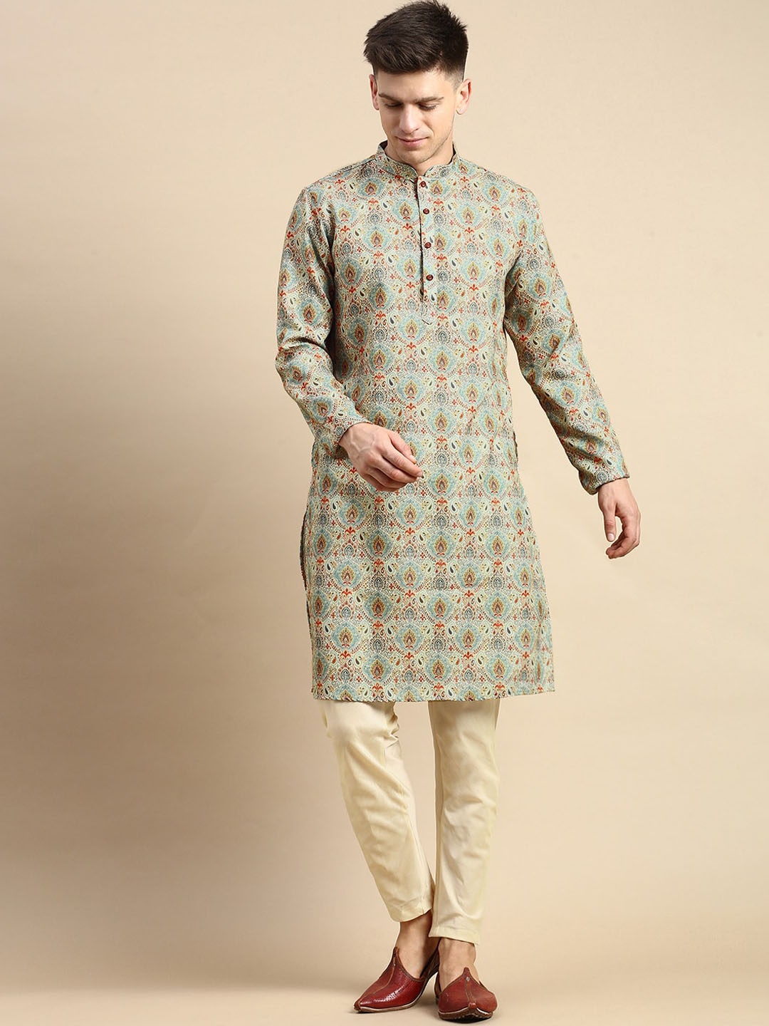 

Anouk Ethnic Motifs Printed Mandarin Collar Straight Kurta, Grey