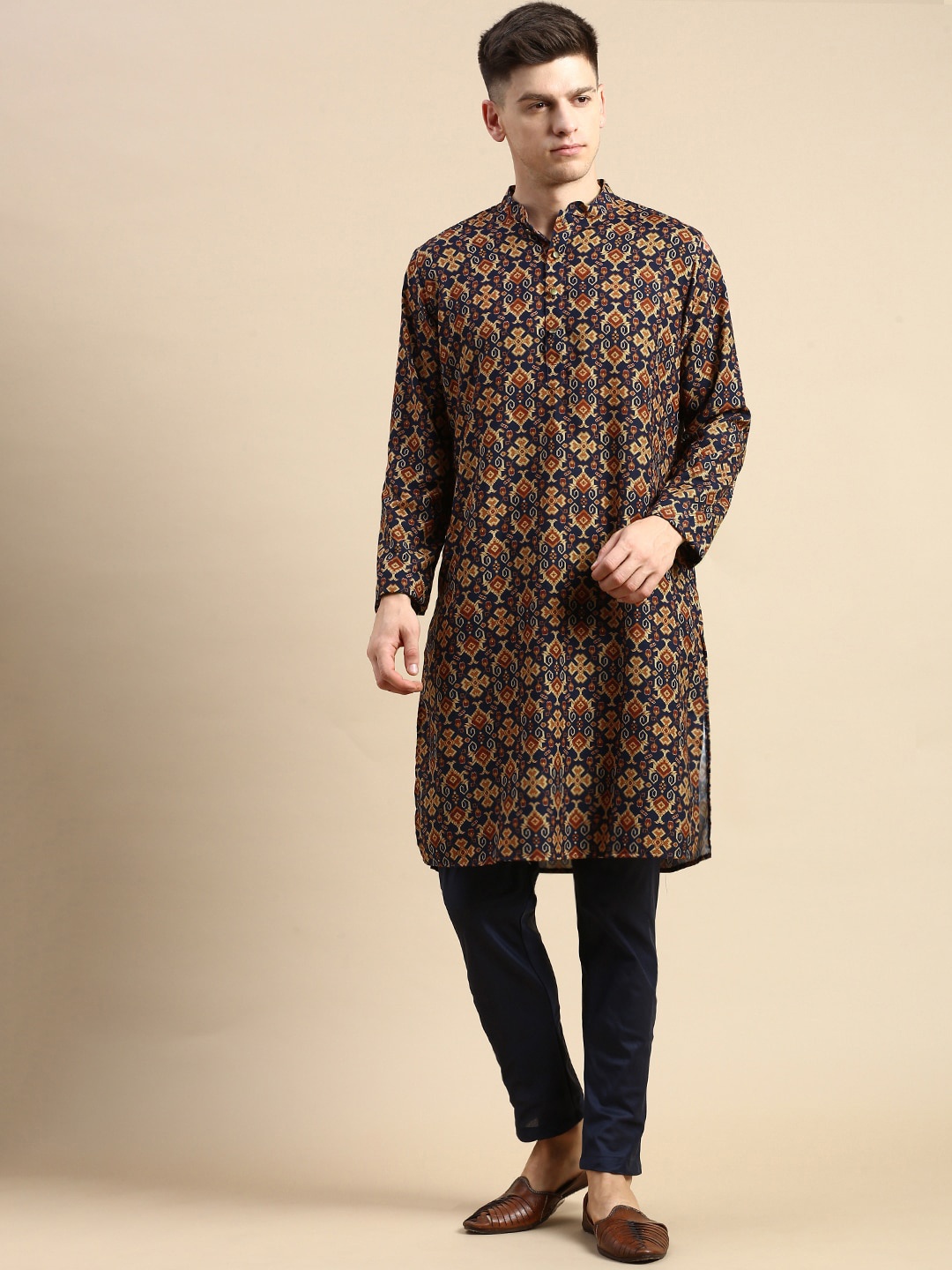 Anouk Ethnic Printed Mandarin Collar Straight Kurta, Navy blue
