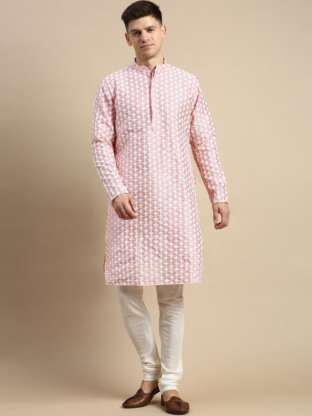 

Anouk Ethnic Motifs Embroidered Mandarin Collar Cotton Silk Straight Kurta, Pink