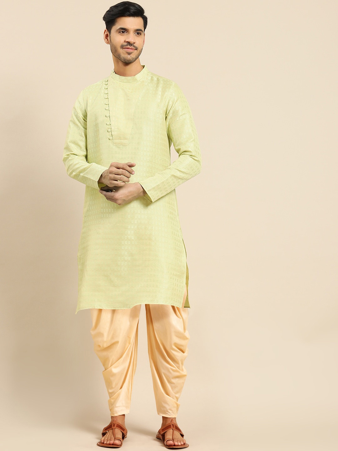 

Anouk Woven Design Band Collar Angrakha Jacquard Straight Kurta, Yellow