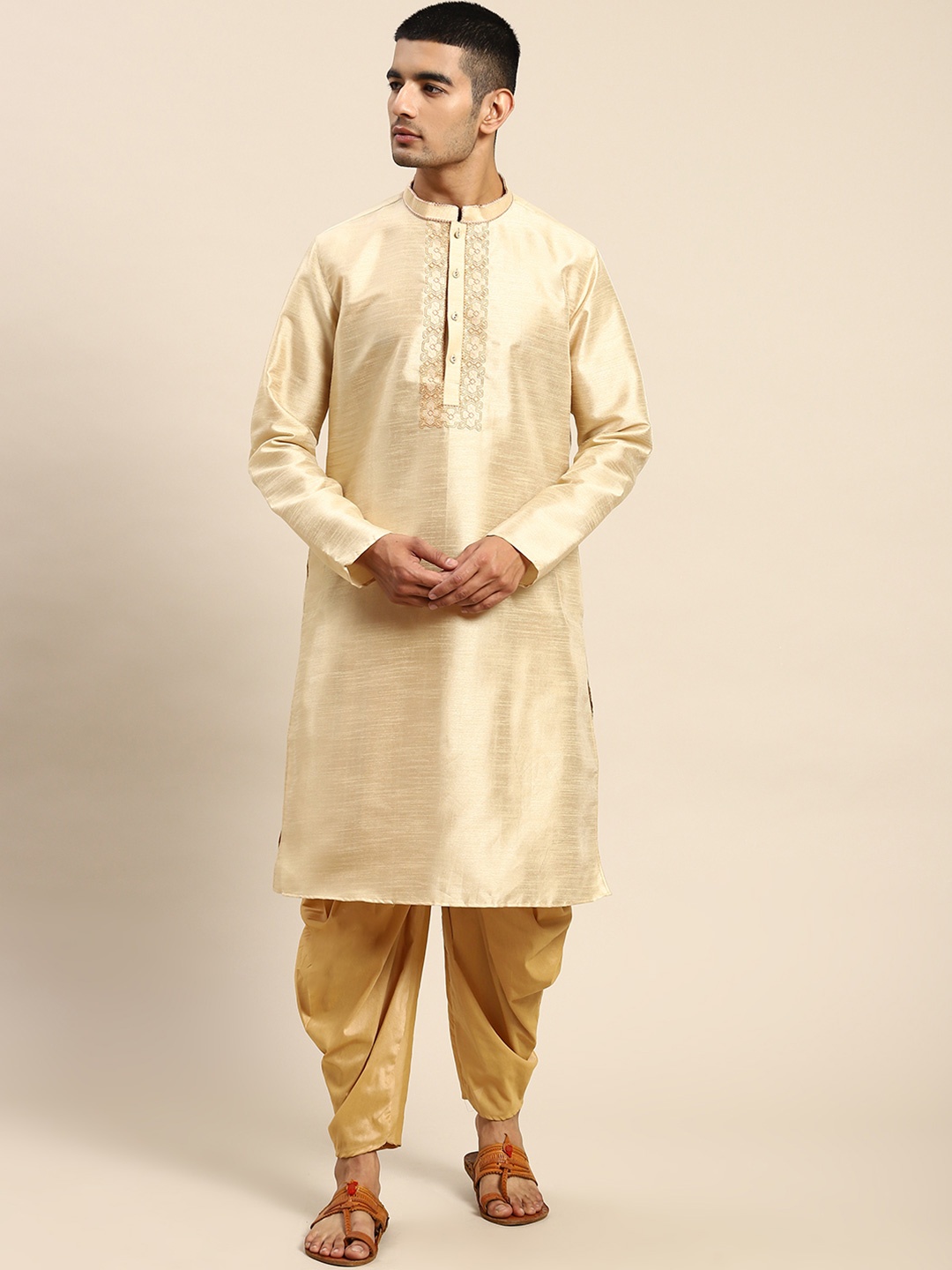 

Anouk Mandarin Collar Thread Work Cotton Silk Straight Kurta, Beige