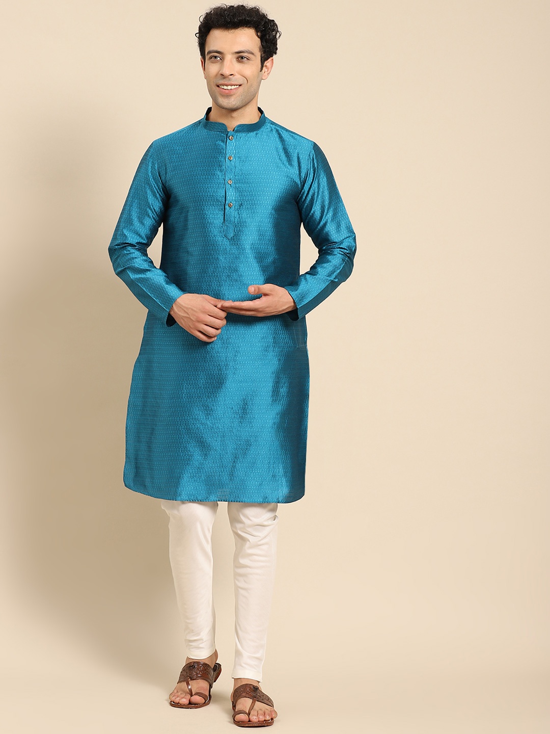 

Anouk Ethnic Motifs Woven Design Mandarin Collar Long Sleeves Jacquard Kurta, Teal