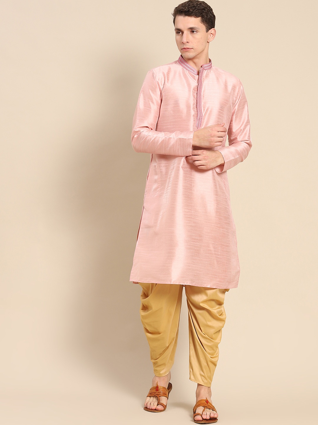 Anouk Mandarin Collar Thread Work Cotton Silk Straight Kurta, Pink