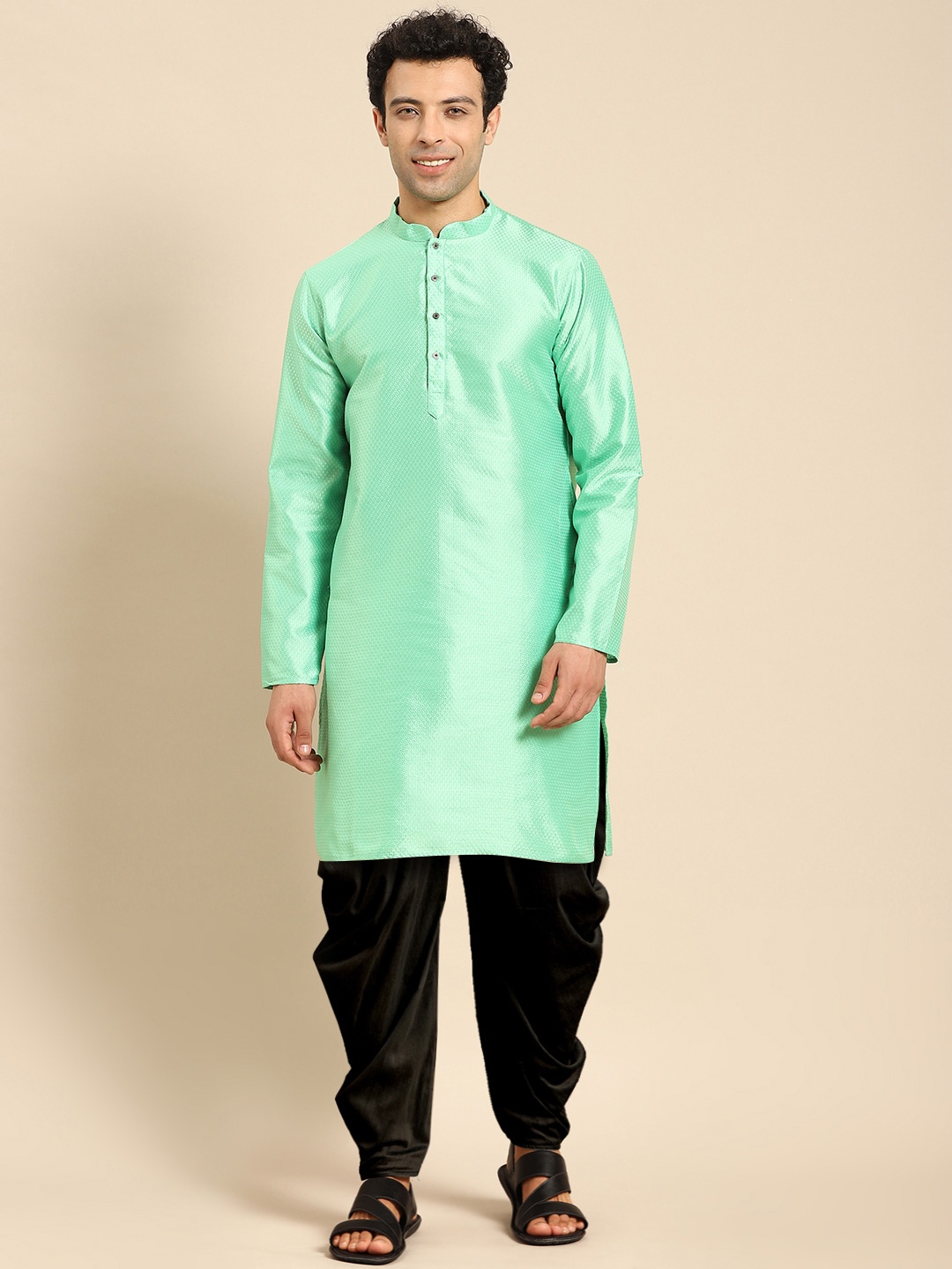 Anouk Woven Design Mandarin Collar Jacquard Straight Kurta, Green