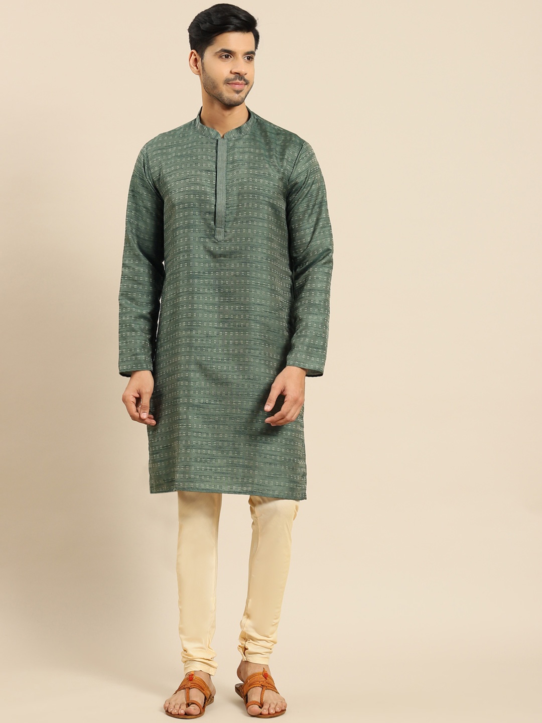 

Anouk Geometric Woven Design Thread Work Jacquard Straight Kurta, Green