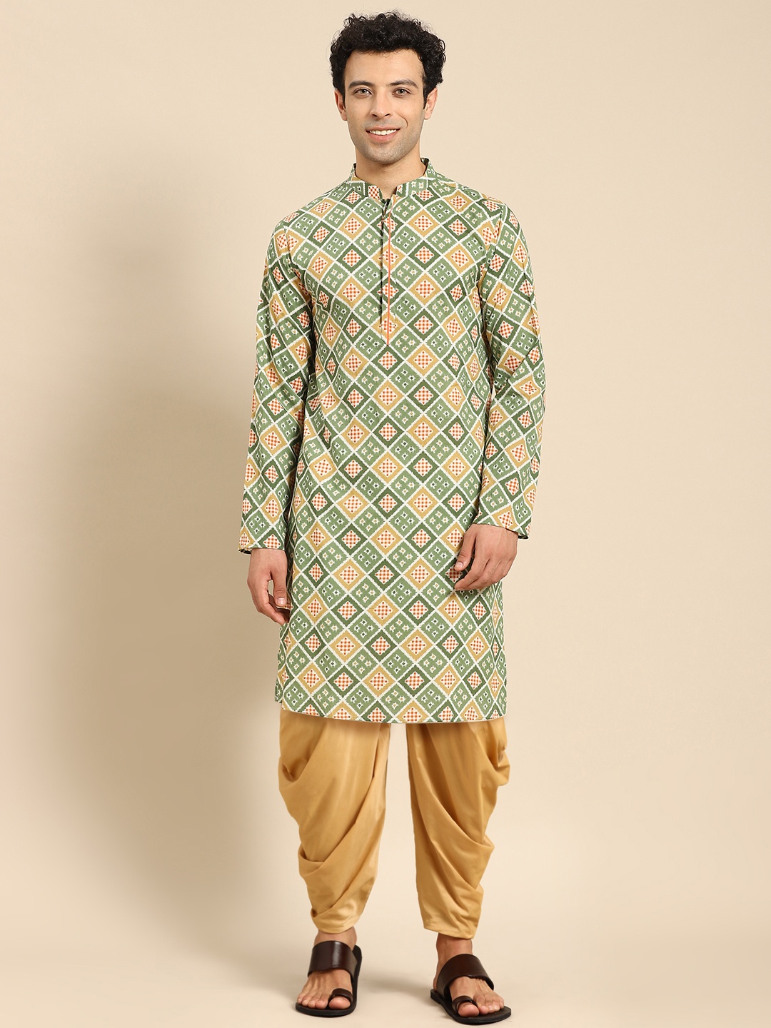 

Anouk Geometric Woven Design Mandarin Collar Straight Kurta, Green