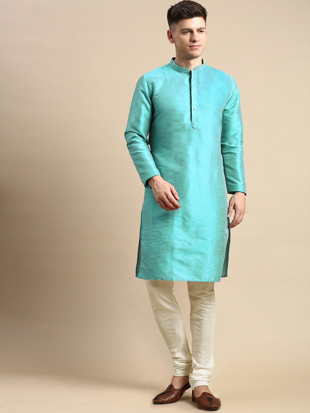 

Anouk Mandarin Collar Straight Jacquard Kurta, Blue