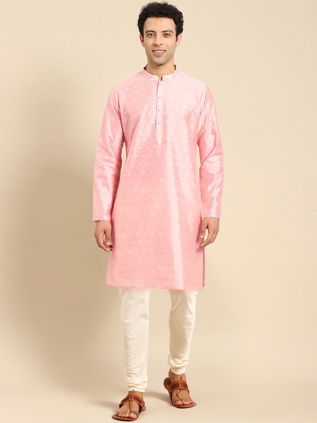 

Anouk Ethnic Woven Design Mandarin Collar Jacquard Straight Kurta, Pink
