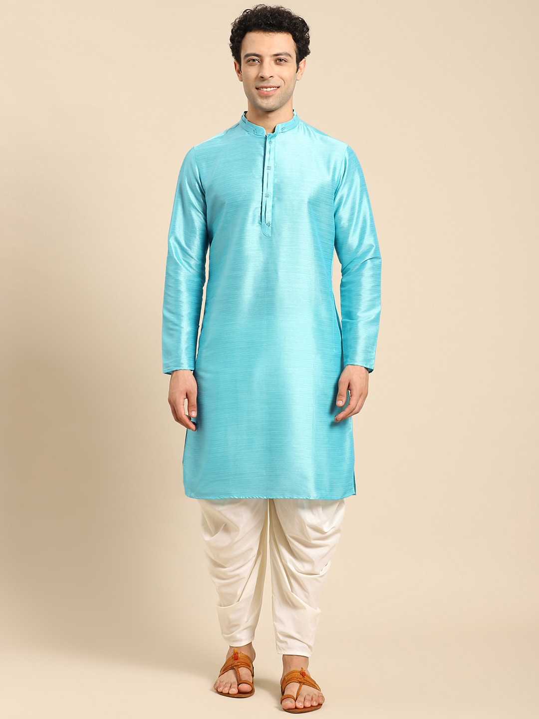 

Anouk Mandarin Collar Long Sleeves Jacquard Kurta, Blue