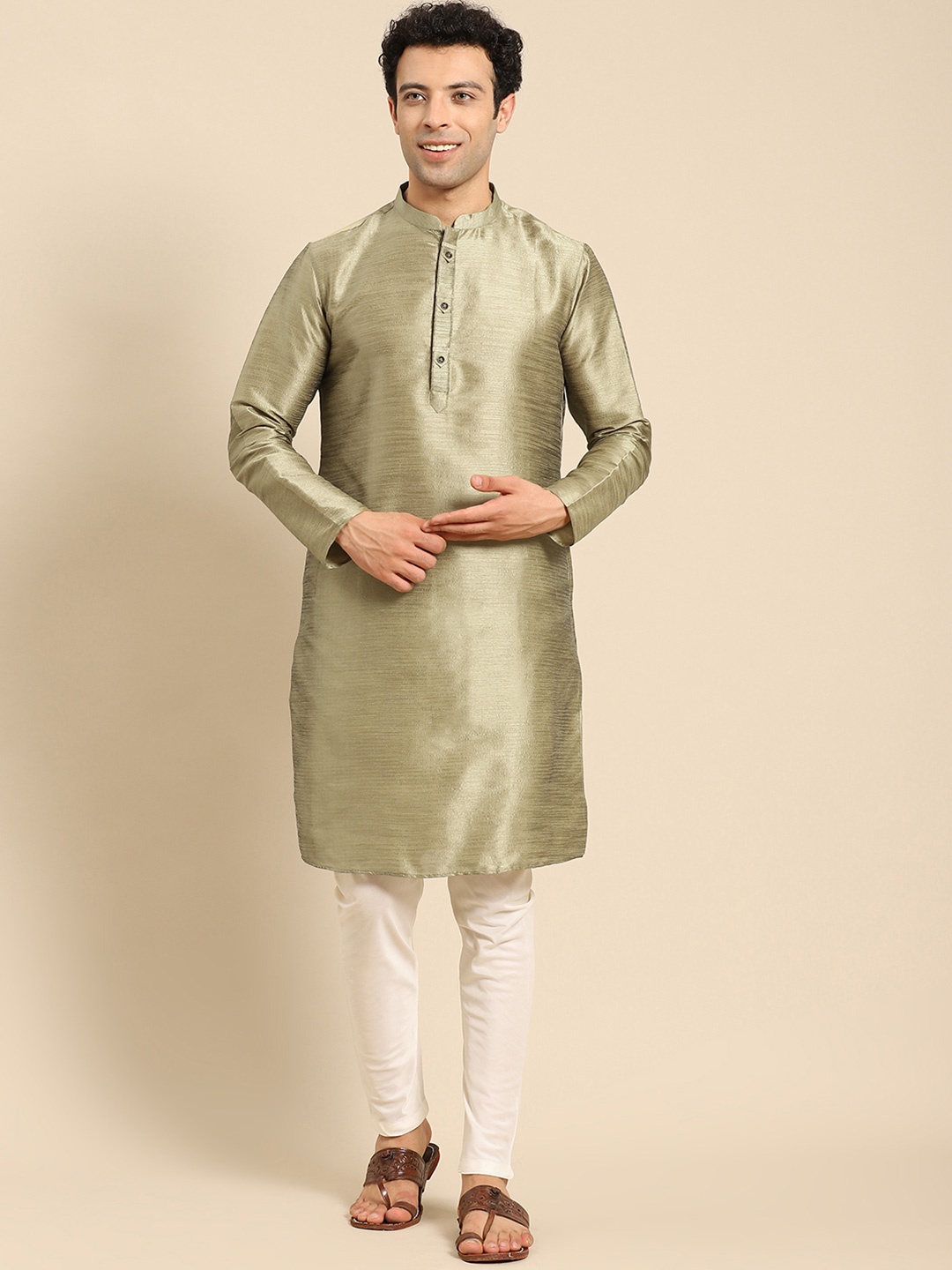 

Anouk Thread Work Mandarin Collar Long Sleeves Jacquard Kurta, Taupe
