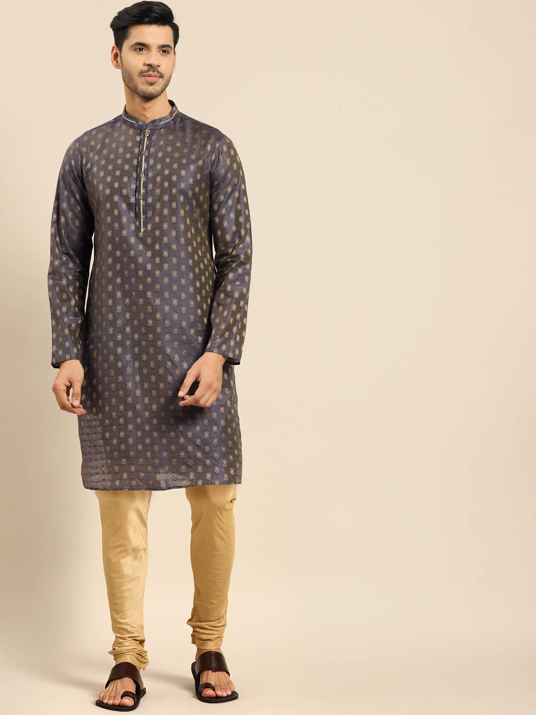 

Anouk Ethnic Motifs Woven Design Mandarin Collar Jacquard Straight Kurta, Navy blue