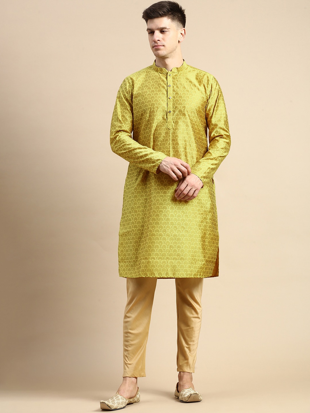 

Anouk Ethnic Motifs Woven Design Mandarin Collar Long Sleeves Straight Kurta, Gold