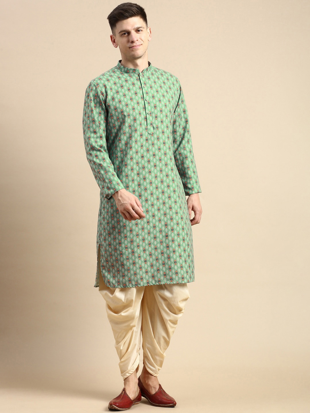 

Anouk Ethnic Motifs Printed Mandarin Collar Long Sleeves Cotton Kurta, Green