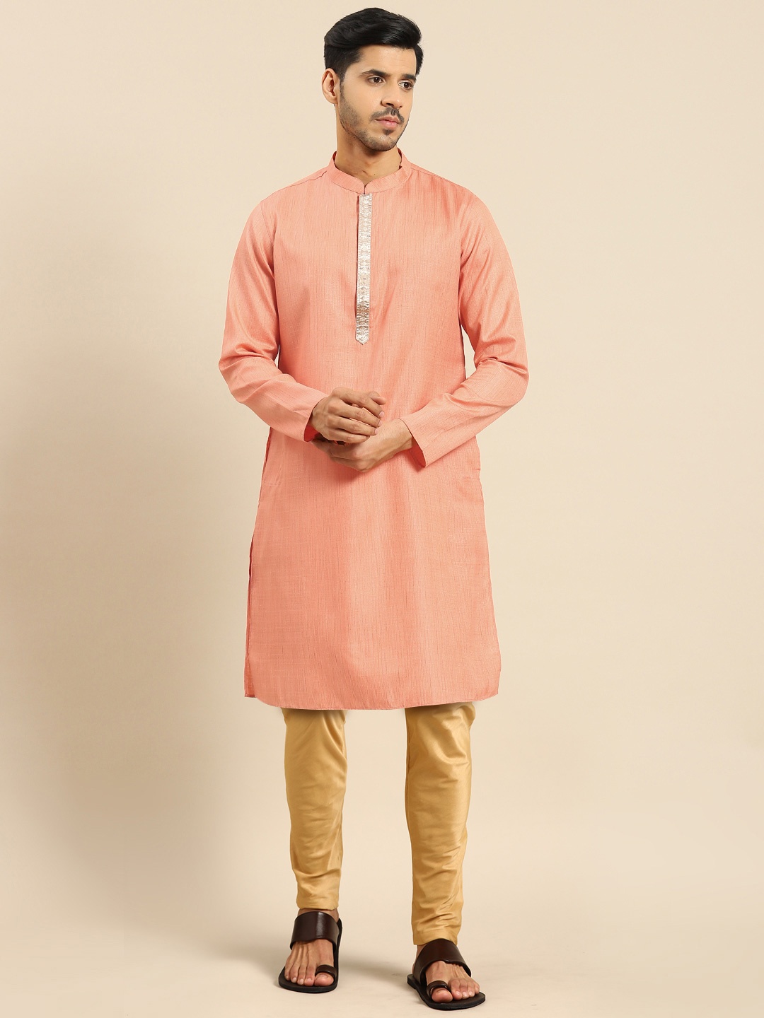 

Anouk Mandarin Collar Cotton Silk Straight Kurta, Peach