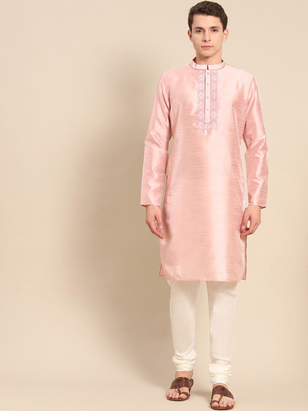 

Anouk Mandarin Collar Thread Work Cotton Silk Straight Kurta, Pink