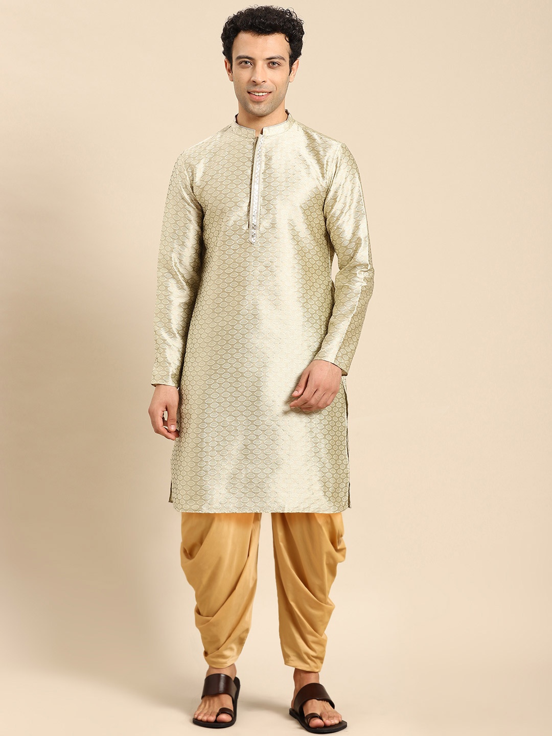 Anouk Geometric Woven Design Straight Jacquard Kurta, Cream
