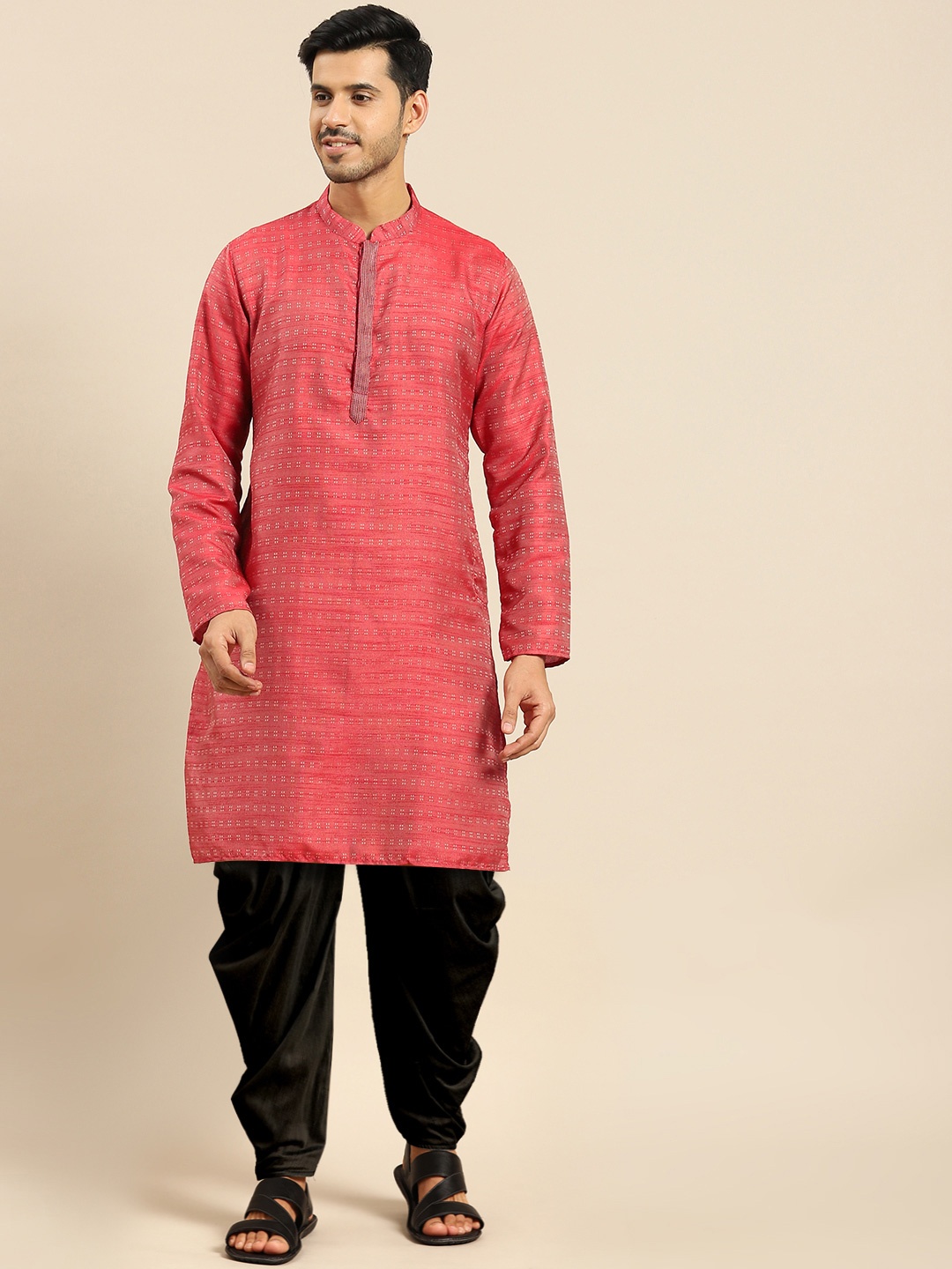 

Anouk Woven Design Mandarin Collar Jacquard Straight Kurta, Red