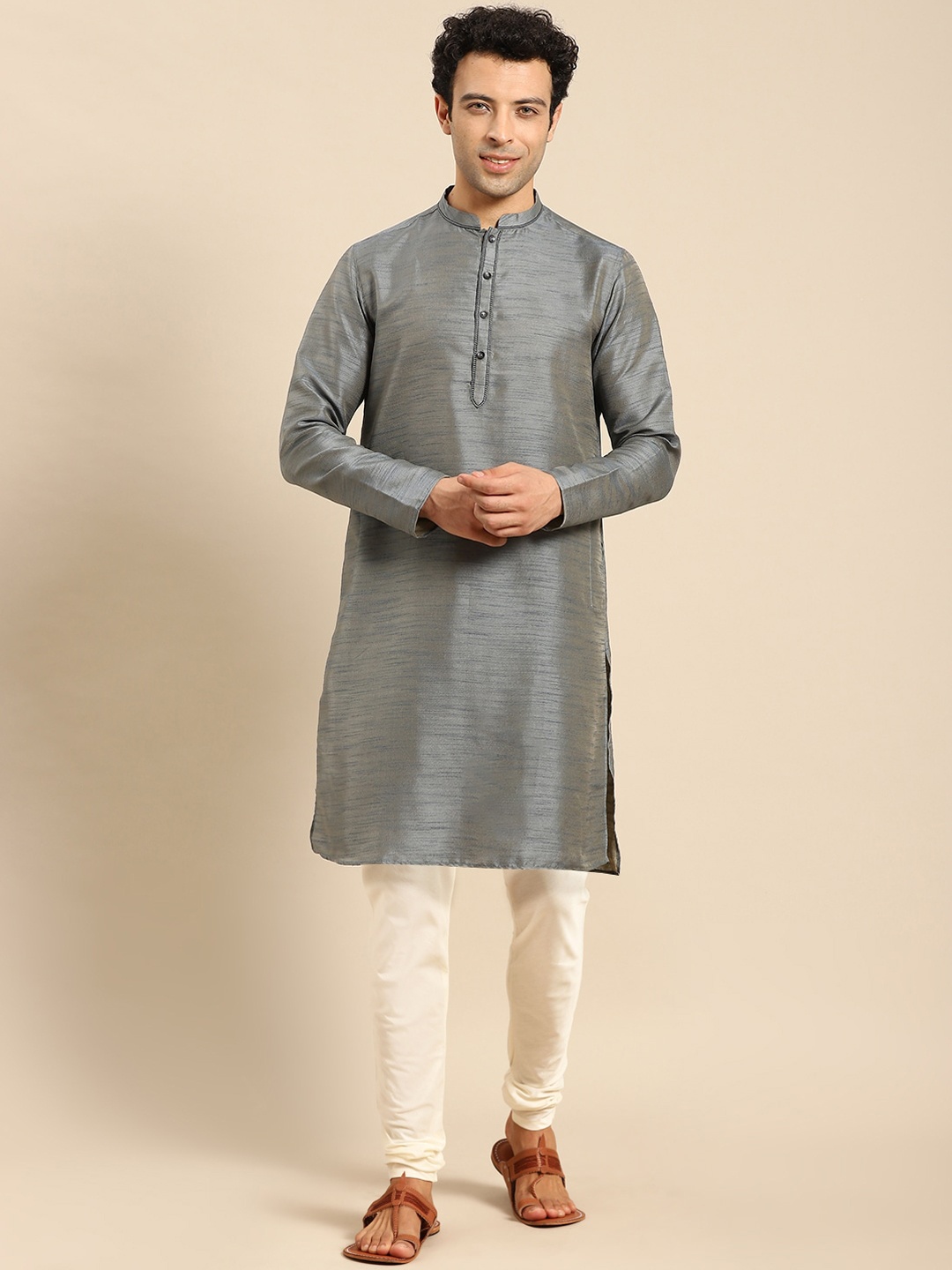 

Anouk Mandarin Collar Jacquard Straight Kurta, Grey