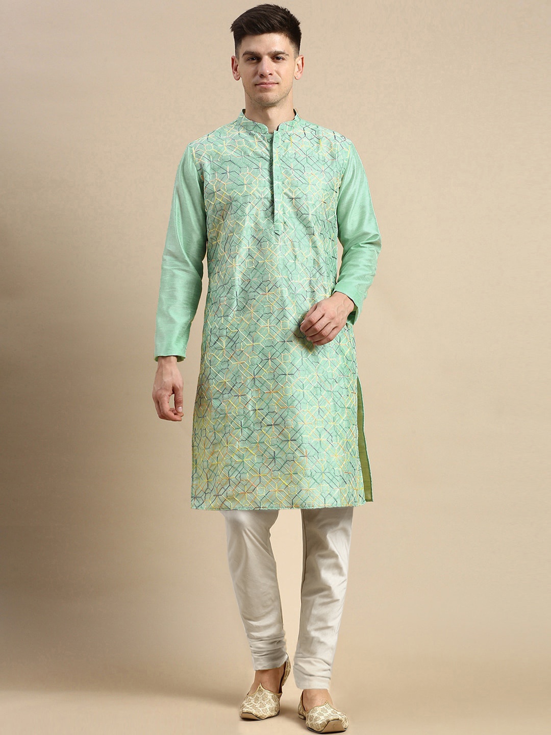 

Anouk Sea Green & Yellow Geometric Embroidered Straight Kurta