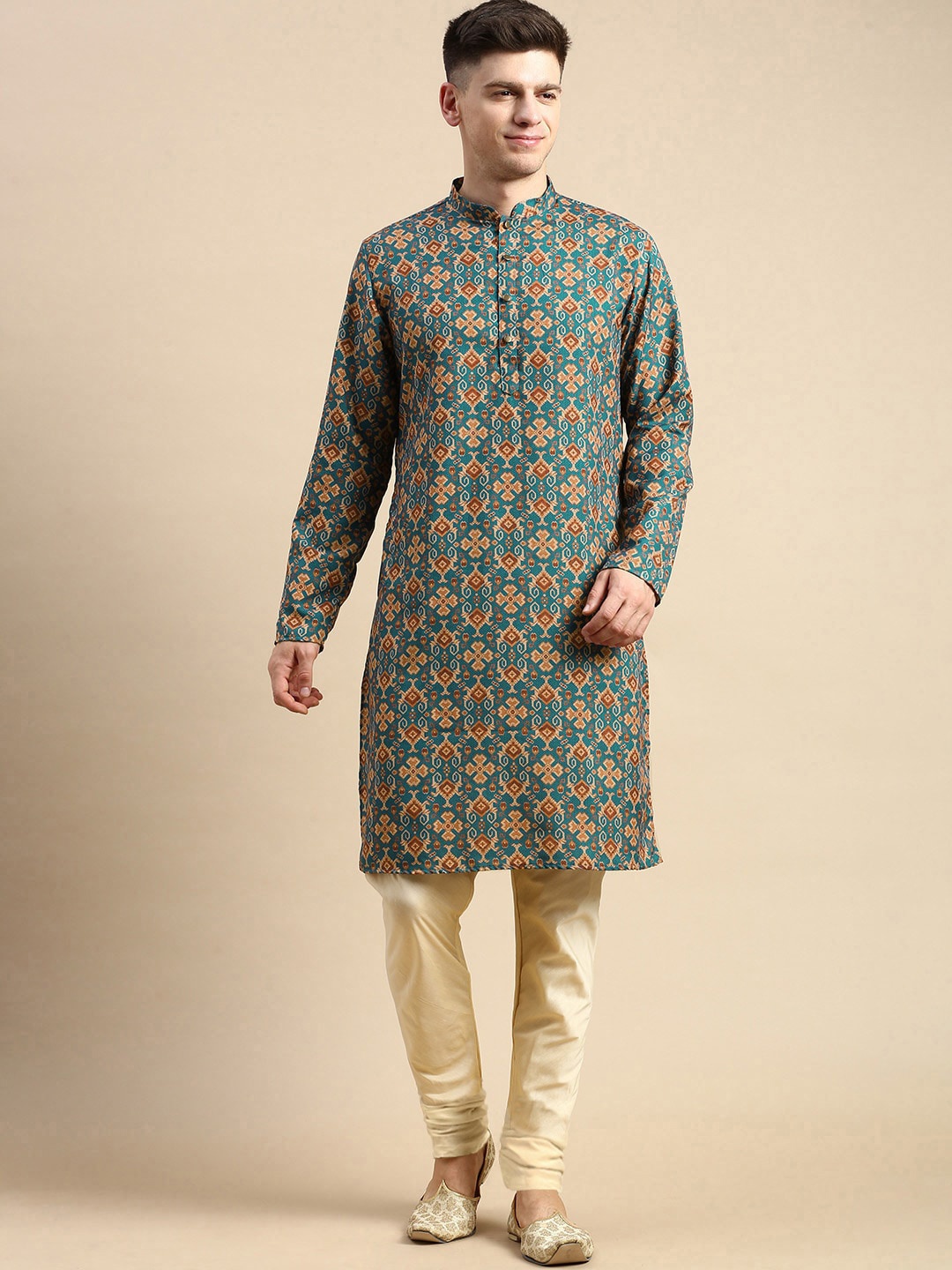 

Anouk Ethnic Motifs Printed Mandarin Collar Long Sleeves Cotton Kurta, Teal