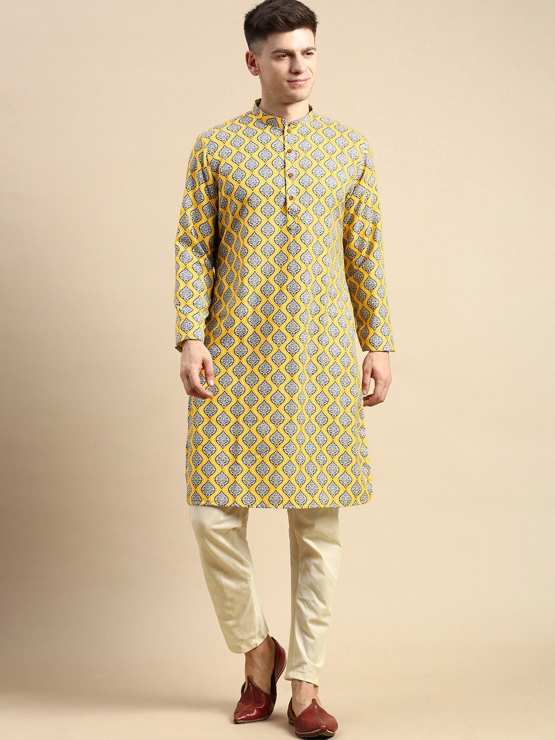 

Anouk Ethnic Motifs Printed Mandarin Collar Straight Kurta, Yellow