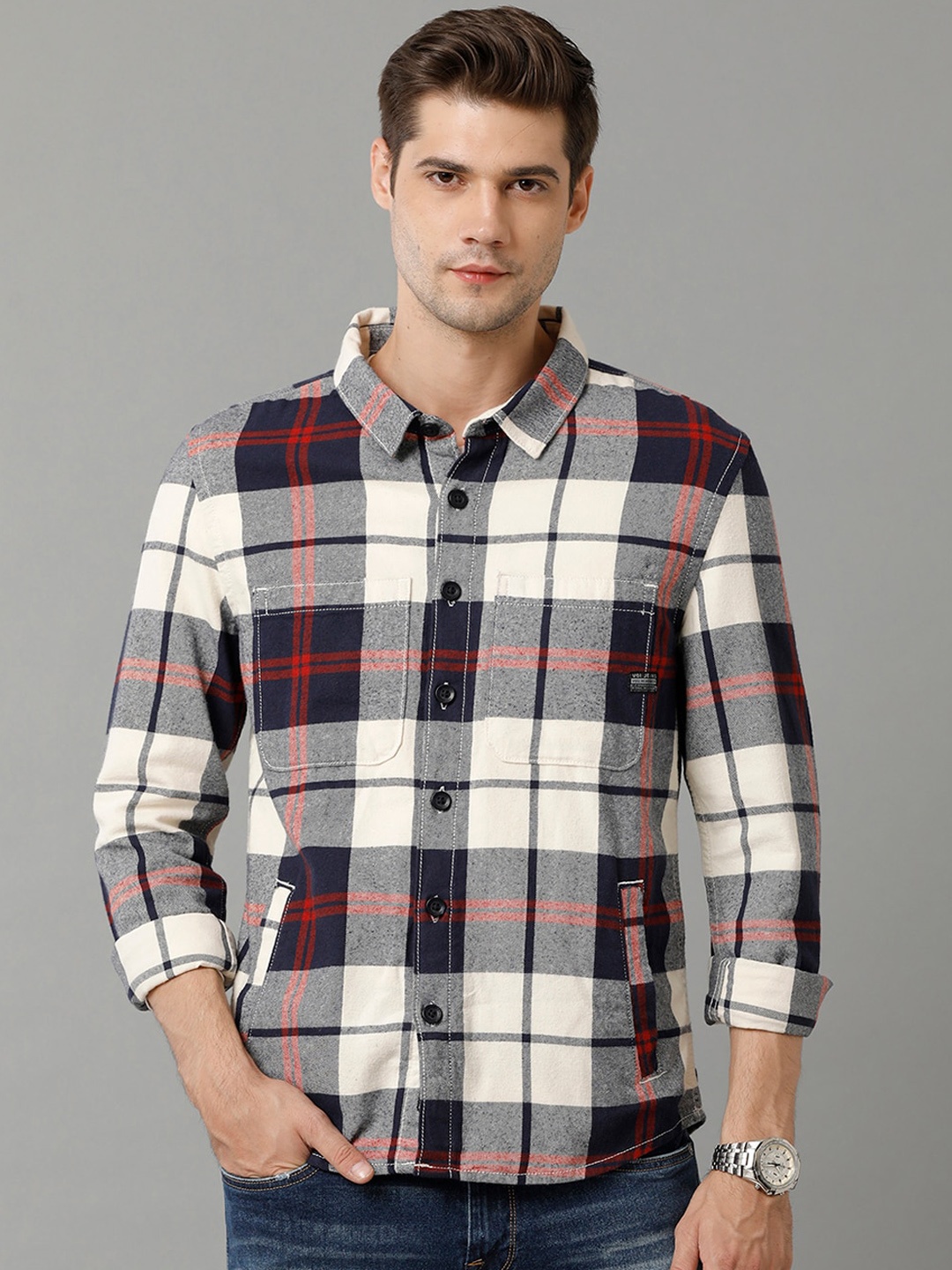 

Voi Jeans Checked Spread Collar Tailored Jacket, Blue