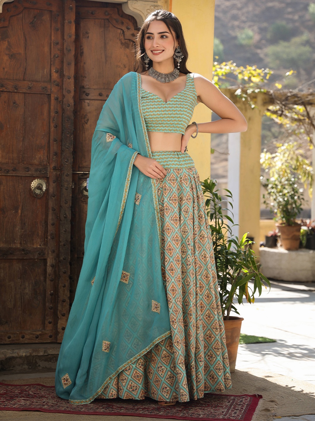 

Rangeelo Printed Cotton Ready To Wear Lehenga & Blouse With Dupatta, Blue