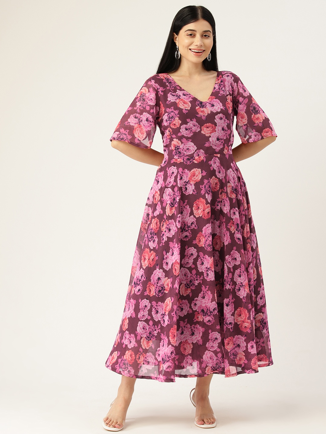 

VAABA Floral Print Georgette A-Line Midi Dress, Pink