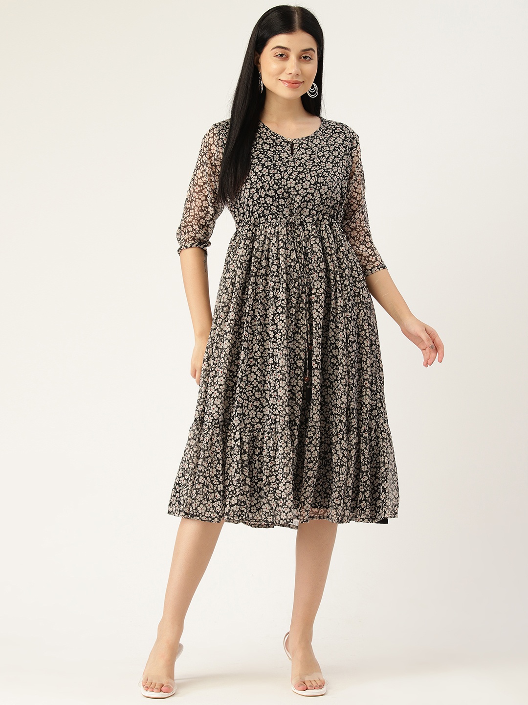 

VAABA Floral Print Keyhole Neck Georgette A-Line Midi Dress, Black