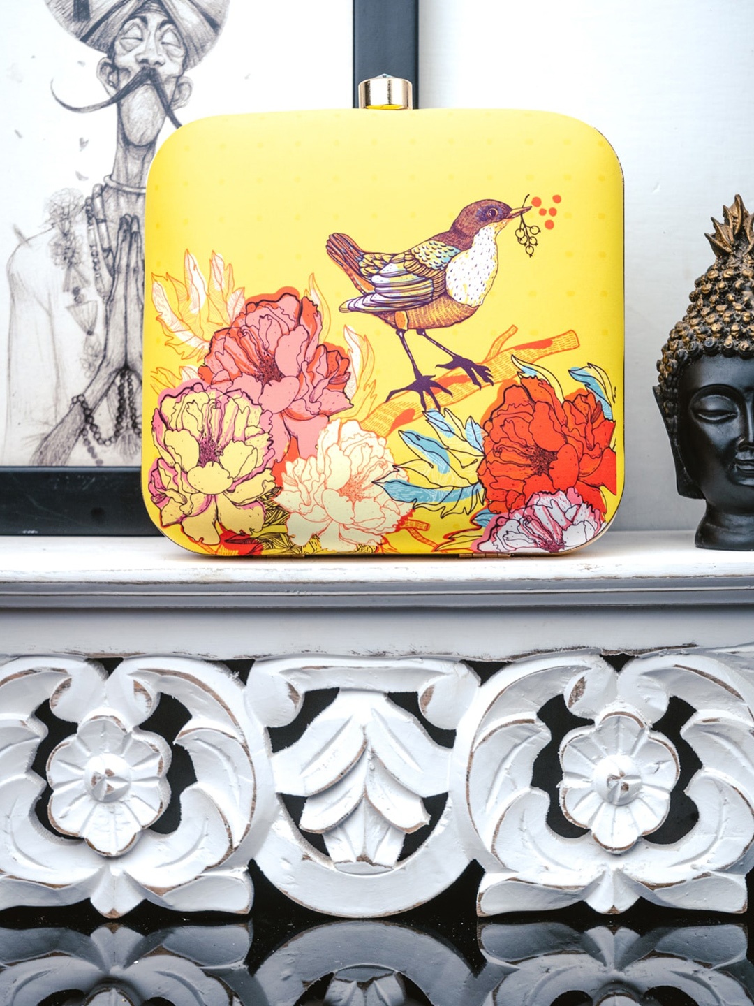 

Sangria Floral Printed Box Clutch, Yellow