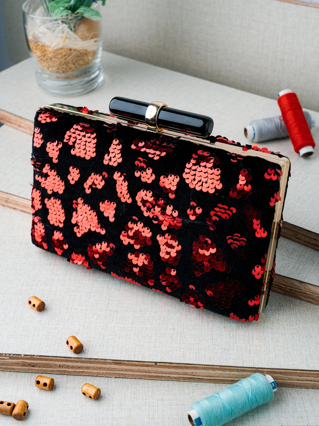 

DressBerry Sequined Embellished Box Clutch, Red