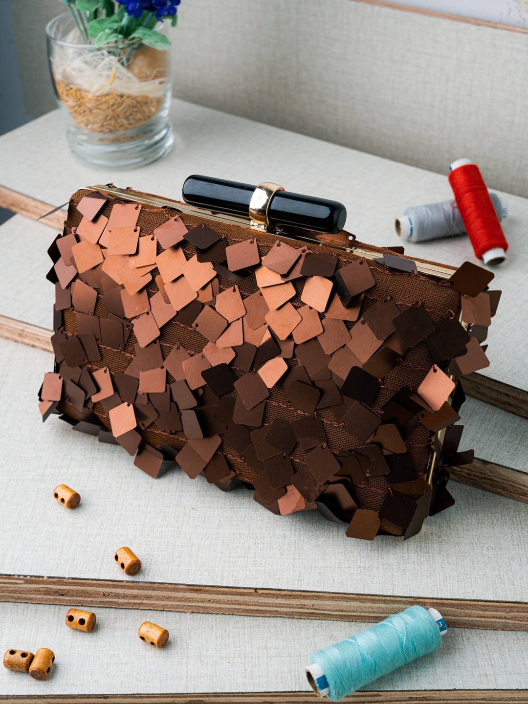 

DressBerry Gold-Toned & Brown Embellished Box Clutch
