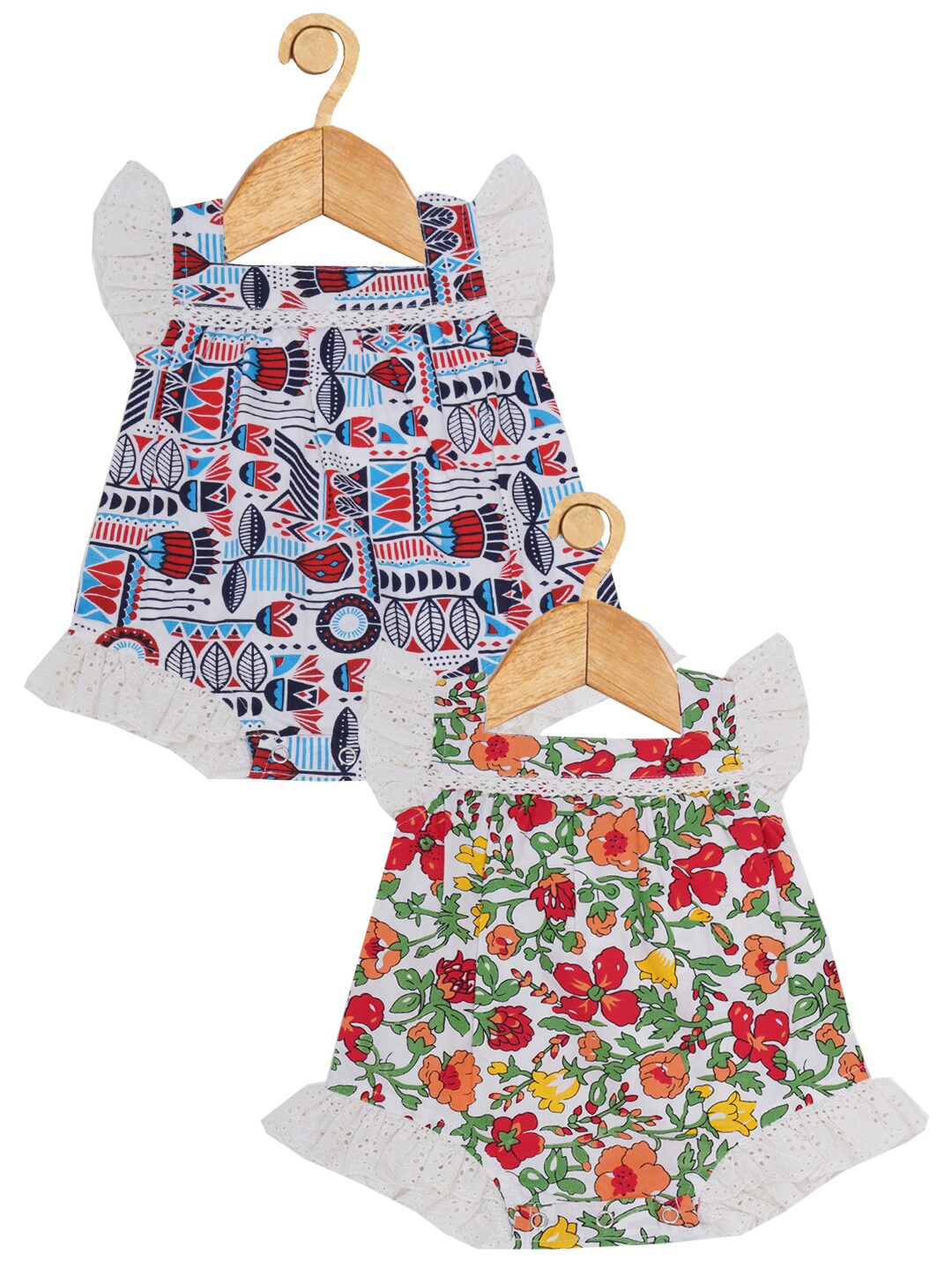 

Creative Kids Infant Girls Pack Of 2 Floral Printed Square Neck Cotton Bodysuit Dress, Red