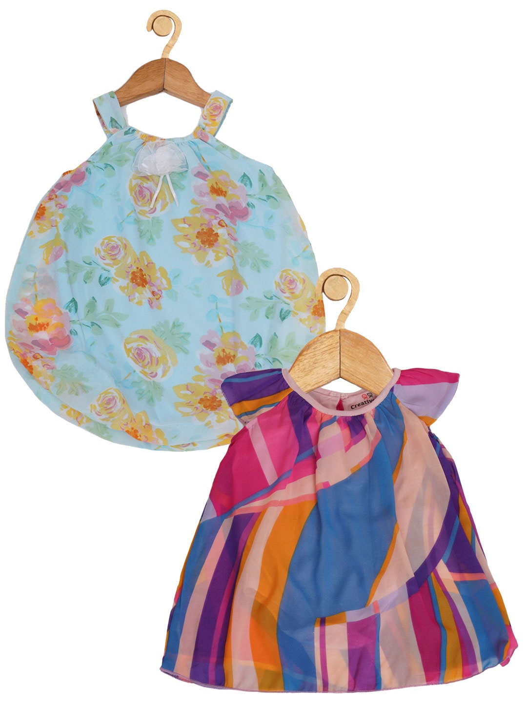 

Creative Kids Infant Girls Pack Of 2 Floral Printed Round Neck A-Line Midi Dress, Green