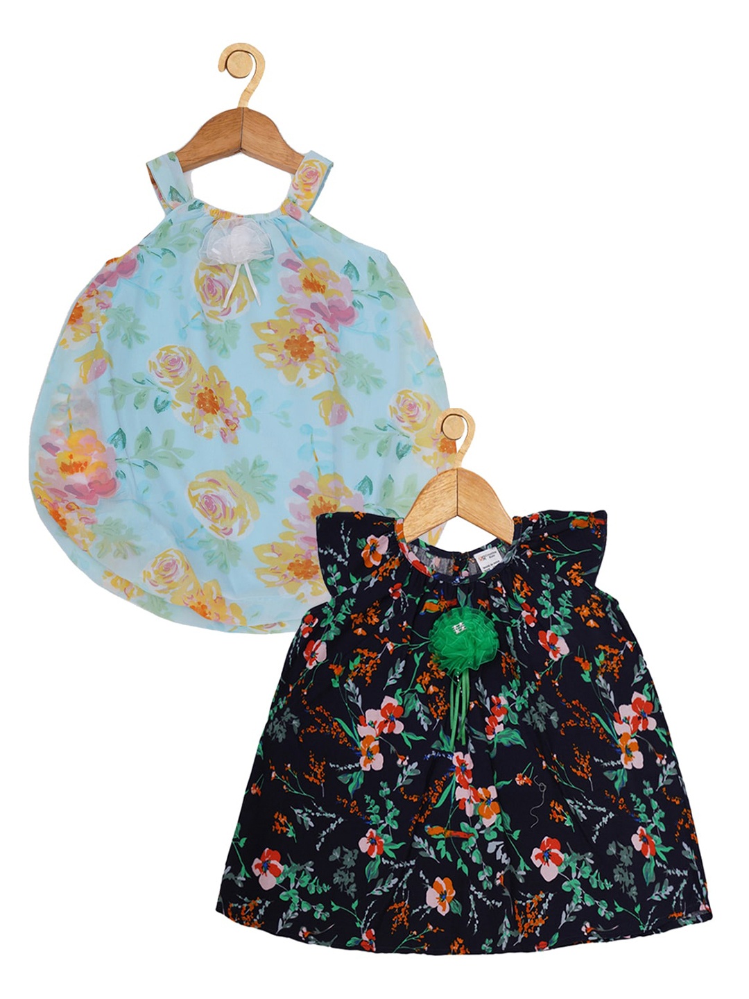 

Creative Kids Girls Pack Of 2 Floral Printed Round Neck A-Line Midi Dress, Green