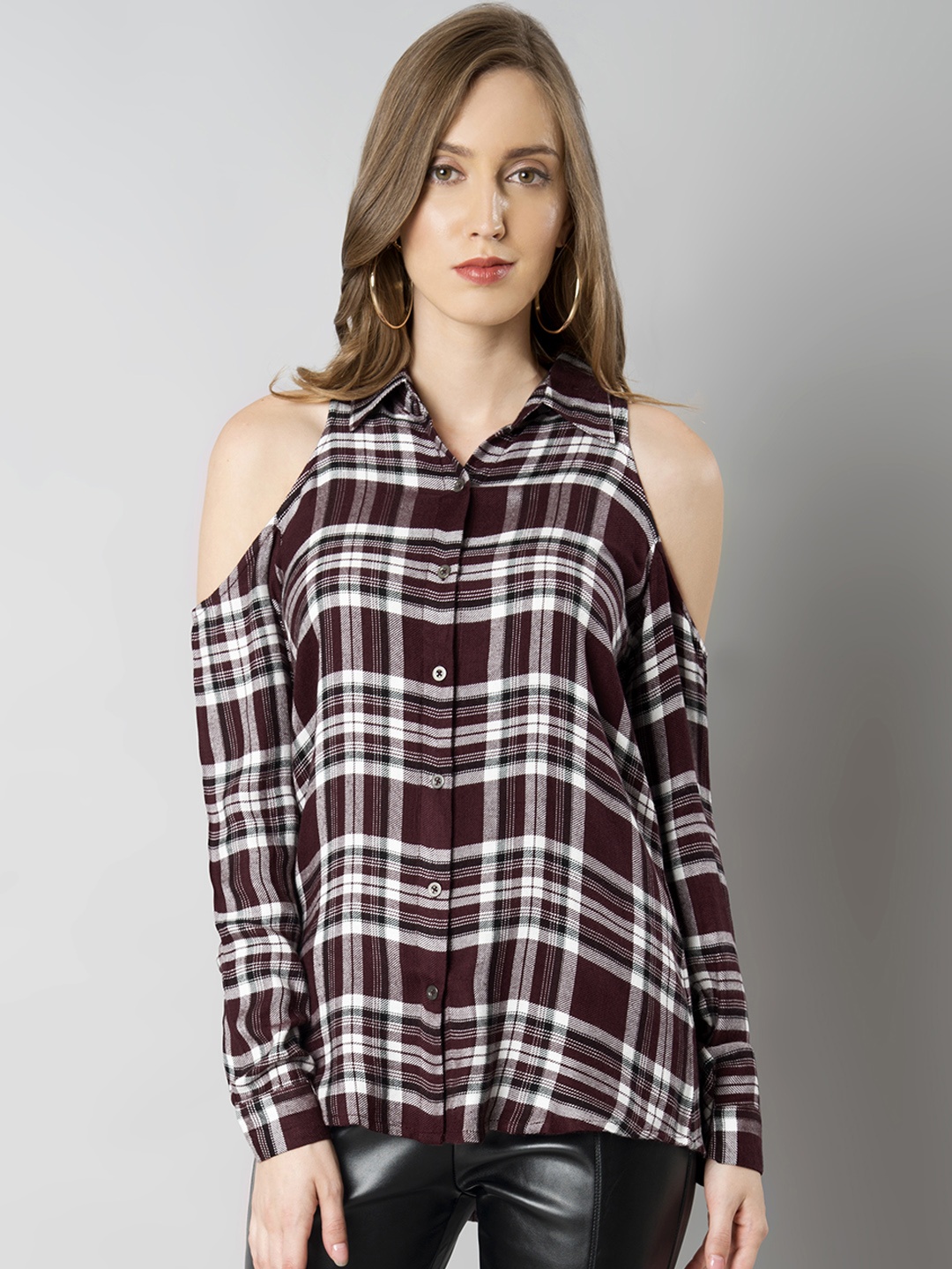 

FabAlley Women Maroon & White Regular Fit Checked Casual Shirt