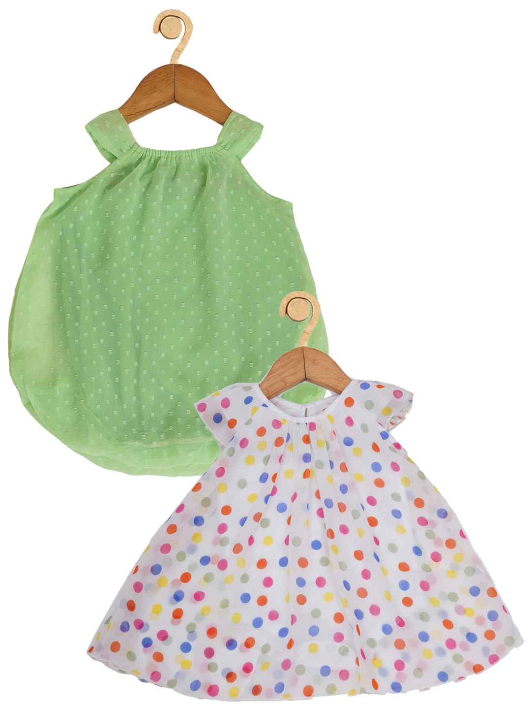 

Creative Kids Girls Pack Of 2 Polka Dots Printed Romper A Line Dresses, Green