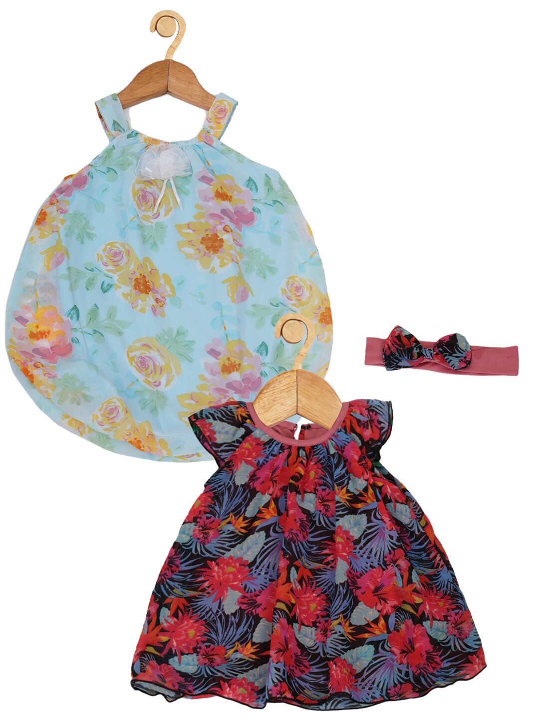 

Creative Kids Infant Girls Pack of 2 Floral Printed A-Line Dress With Hairband, Blue
